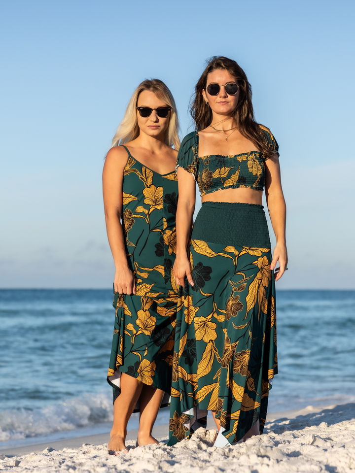 Navalora Women's Emerald Enchantment Resort Dress – women's swimwear, worn as a skirt with another woman on the beach in the Resort Dress