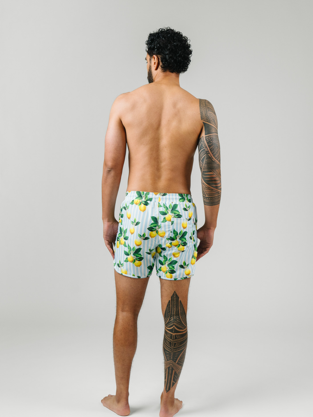 Navalora Swim Men's Amalfi Coast Inspired Lemon Swim Shorts, Model Studio Shot of the Back