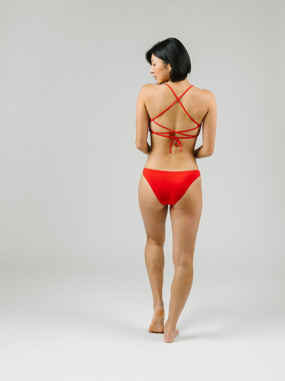 Navalora Swim Scarlett Red Classic Bikini Bottom, High Cut, Double Lined, Worn on Woman with Matching Bikini Top Back View
