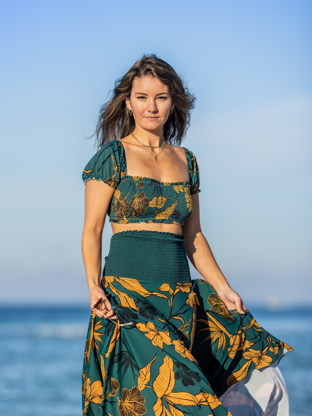 Navalora Women's Emerald Enchantment Resort Dress – women's swimwear, worn with the Smocked Underwire Bikini Top Close UP View Of Smocked Band