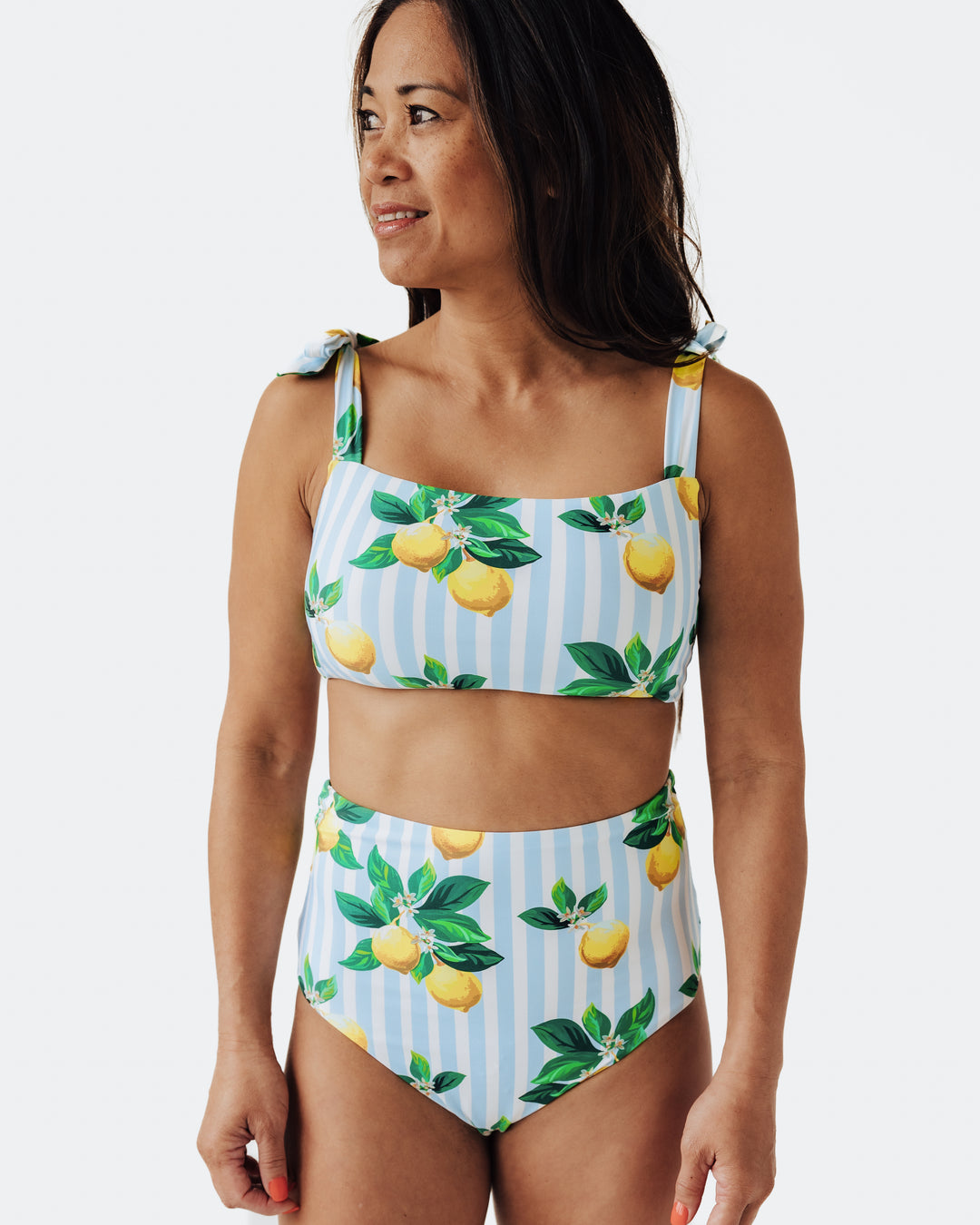 Navalora Swim Women's Amalfi Coast Inspired Lemon High Rise Bikini Bottom,  Model in Studio