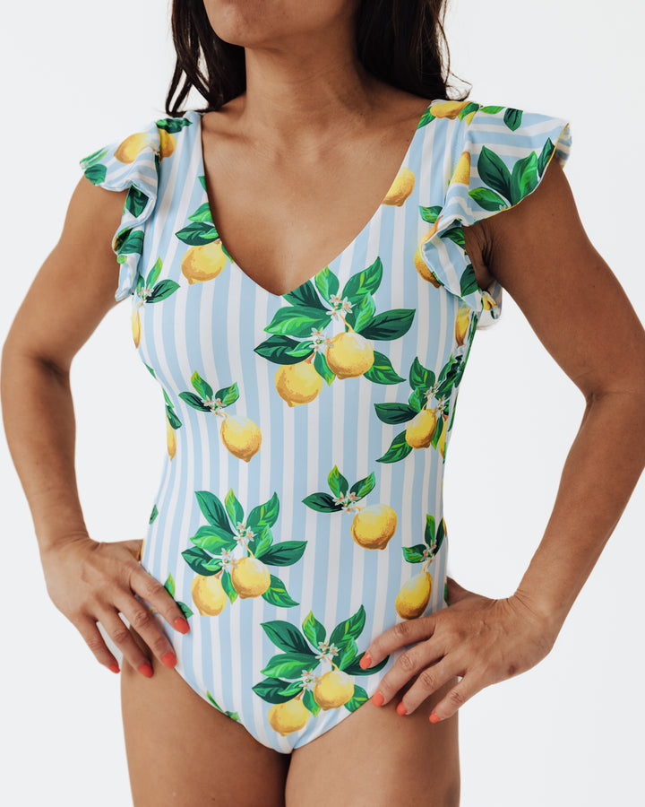 Women's Amalfi Coast Inspired Lemon One Piece Ruffle Swim Suit with Ruffle Sleeves and Square Back- women's Swimwear