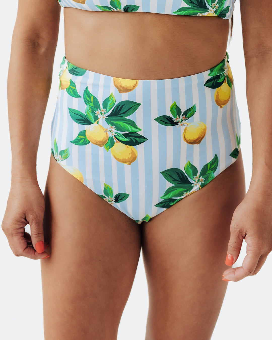 Navalora Swim Women's Amalfi Coast Inspired Lemon High Rise Bikini Bottom,  Close Up Studio View