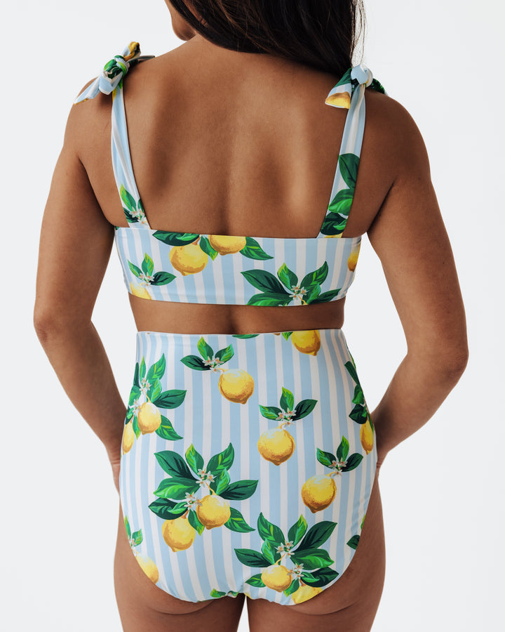 Navalora Swim Women's Amalfi Coast Inspired Lemon High Rise Bikini Bottom,  Back View, Model Back View Close Up